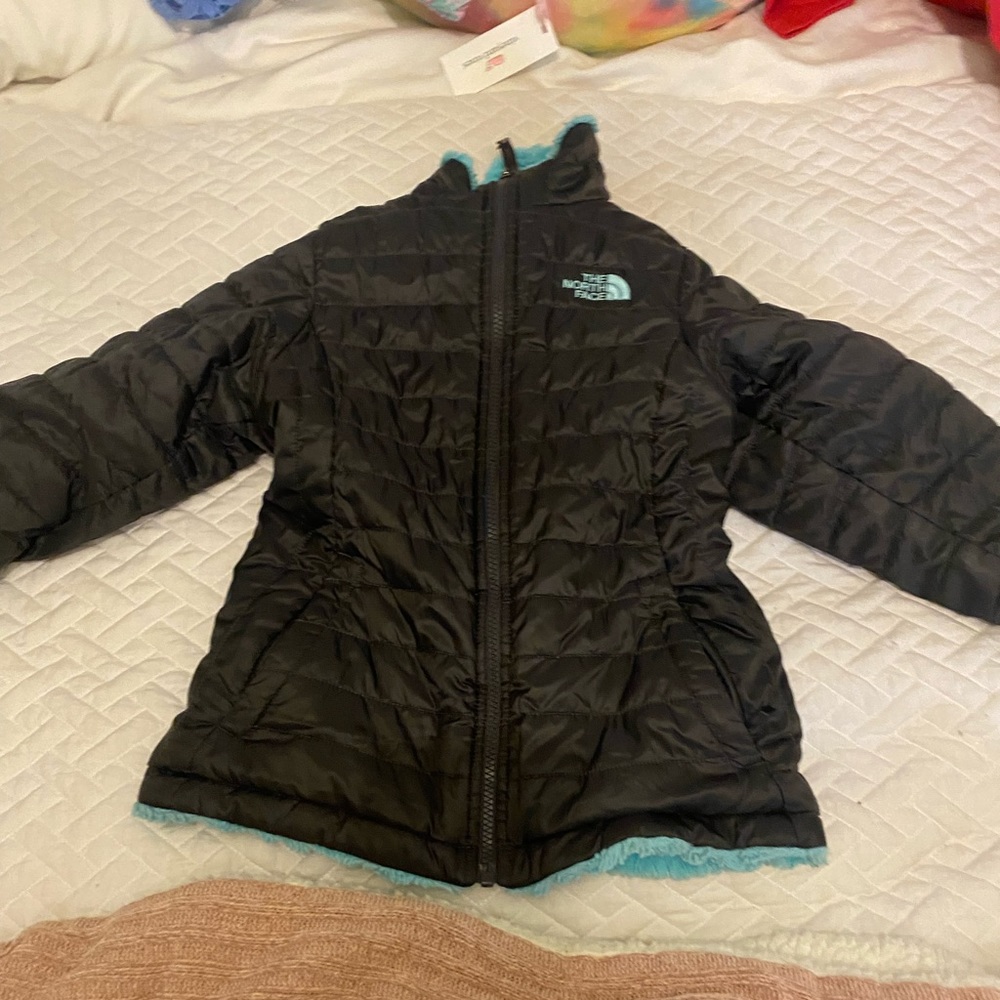 Blue and black north face puffer